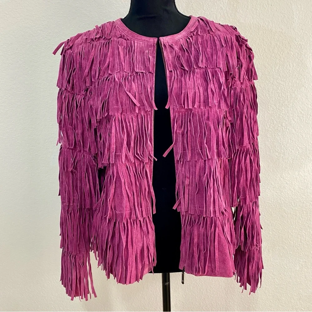 Prosper & Devine Purple Suede Leather Fringe Jacket Tiered Western XL - Picture 3 of 7